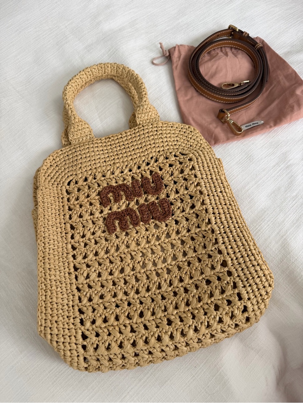 Miu Miu Raffia Crochet Woven Tote Bag Beige